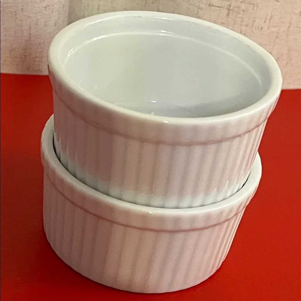 Crate & Barrel Round Porcelain White Ribbed Ramekin ser of 2